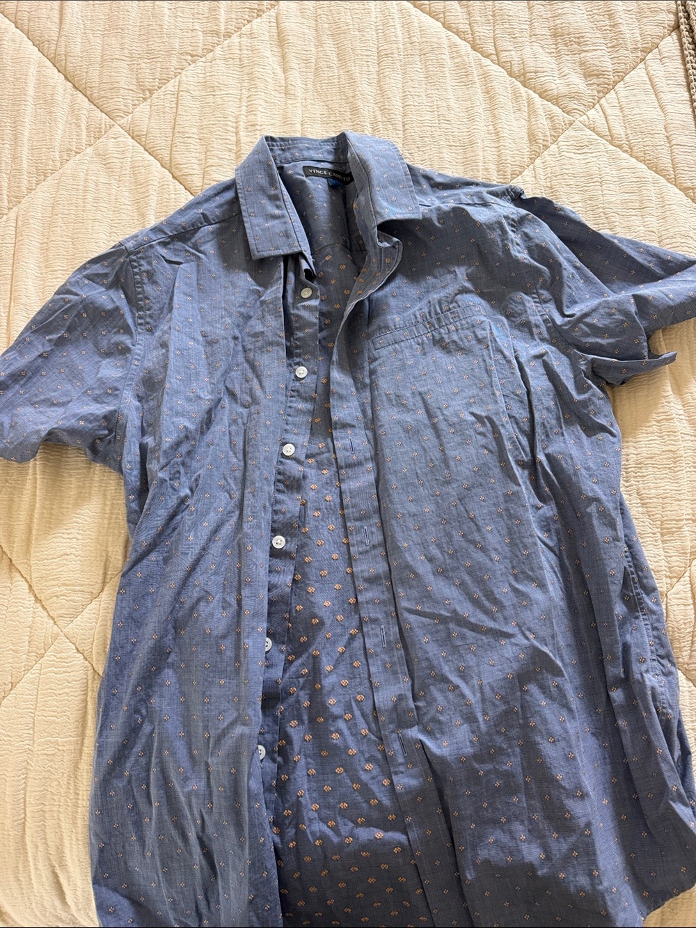 Men's Blue Short Sleeve Button-Up Shirt with Micro Print